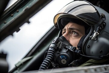An intense close-up of a pilot wearing an oxygen mask, eyes sharp with determination as they prepare for a high-stakes flight.