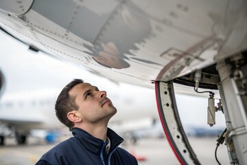 A highly focused maintenance technician inspects aircraft components with precision, ensuring optimal performance and safety.