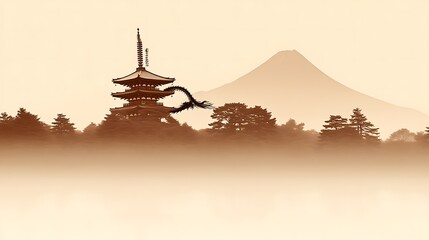 Japanese Pagoda Dragon Mountain Landscape Scene