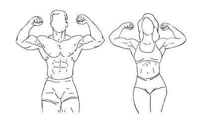 sporty fitness man and woman showing biceps muscles line drawing vector illustration