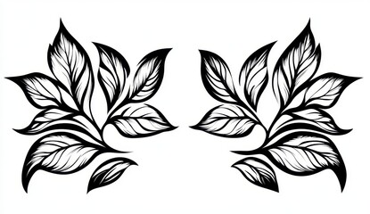 Black and white illustration of two symmetrical leaf clusters. Detailed linework depicts leaves and stems. Simple, elegant design suitable for