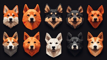 Naklejka premium A set of flat design dog logo designs with a minimalist geometric animal icon style, perfect for modern dog branding, apps, and websites