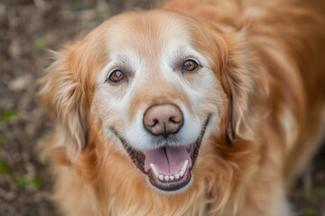  happy golden retriever with a white muzzle is smiling and looking at the camera. The dog's fur is long and fluffy, and it is enjoying the moment
