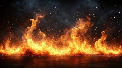 A set of realistic fire flames with burning embers and sparkles isolated on a black background