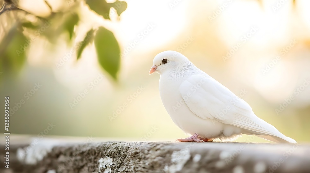 Aufkleber Elegant white dove perched on stone with soft bokeh background illuminated by sunlight : Generative AI