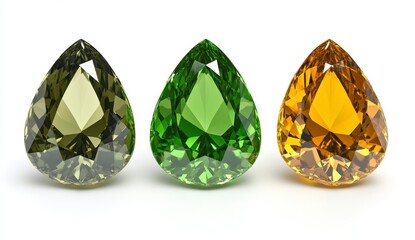 Fototapeta premium Three pear shaped gemstones in shades of olive green, bright green and golden yellow are displayed against a bright white background. High quality