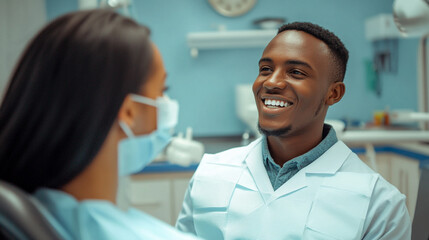 Obraz premium Friendly dentist smiling at patient in modern dental office care smile happy teeth clean white trust