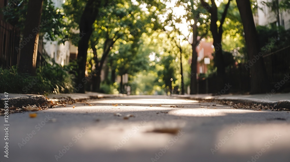 Poster Tree-Lined Street with Sunlight Filtering Through Leaves in a Urban Setting : Generative AI