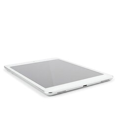 A white tablet device laying flat on a white background