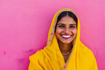 woman wearing a yellow sari is smiling and looking at the camera. The pink background adds a pop of color to the scene