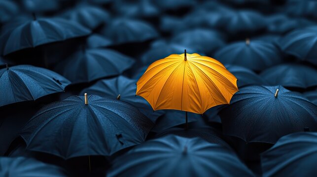 A single yellow umbrella stands out in a sea of black umbrellas, creating a powerful visual metaphor for leadership, confidence, and standing out from the crowd