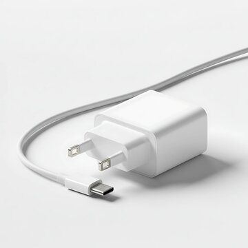 A white usb type c charger with cable on a white surface