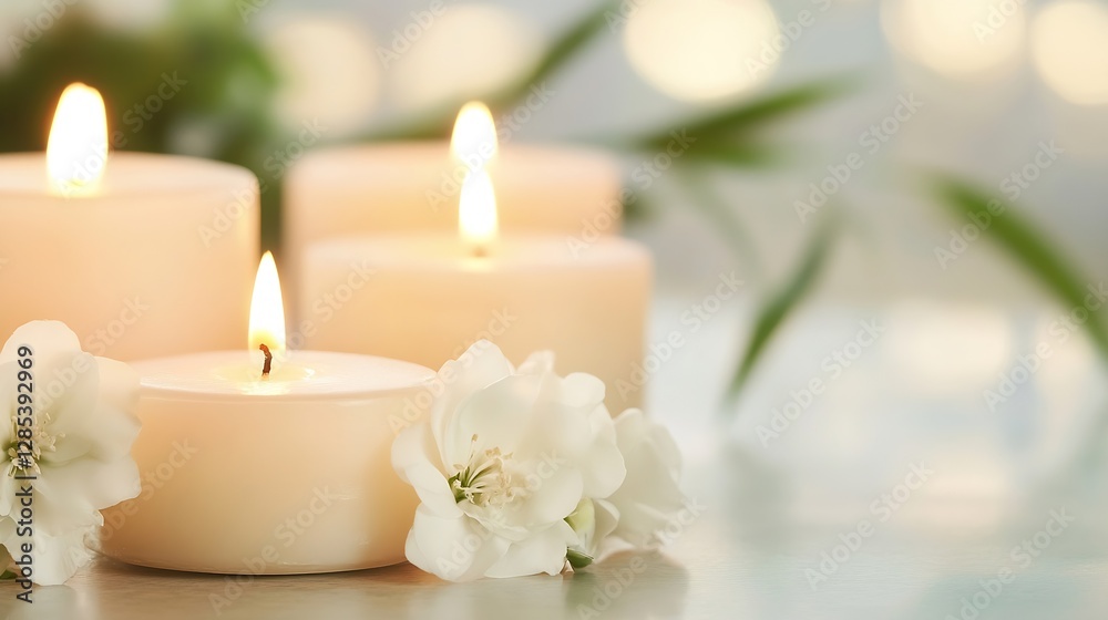 Poster serene candles in soft focus with white flowers creating a calming atmosphere for relaxation and amb