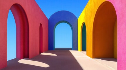 Abstract hallway with vibrant colored arches. Red, yellow, and blue walls create a playful and surreal atmosphere. Bright sunlight casts shadows on