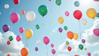 Colorful Balloons Floating in Blue Sky with Fluffy White Clouds