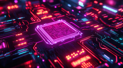 Fototapeta premium The computer chip is illuminated with neon light. The concept of artificial intelligence. A futuristic data concept. A microchip. Nanotechnology. The motherboard processor
