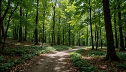 Obraz premium Serene Sunlit Forest Path Surrounded by Lush Green Foliage