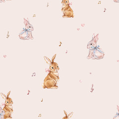 Watercolor seamless pattern with cute white rose bunny with bow and musical notes. Repeat pattern pastel color with red rabbit. Tender watercolor hand drawn illustration for holiday or kids design.