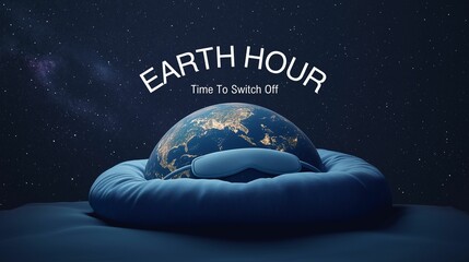 Earth hour time to switch off banner with earth goes to bed with eye mask isolated on background with copy space. Earth day design for poster, banner, wallpaper, web, mobile