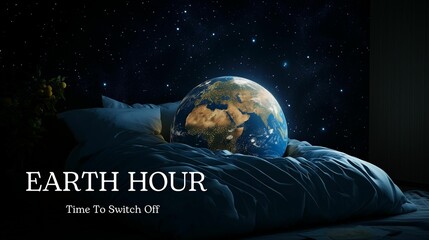 Earth hour time to switch off banner with earth goes to bed isolated on background with copy space. Earth day design for poster, banner, wallpaper, web, mobile