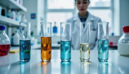 Scientist in Laboratory with Colorful Liquid Test Tubes Displayed