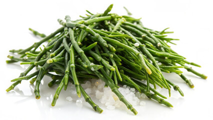 Fototapeta premium Salty samphire rests on a driftwood plank. Sunlit stems glisten with seawater. Coastal marsh blur. 