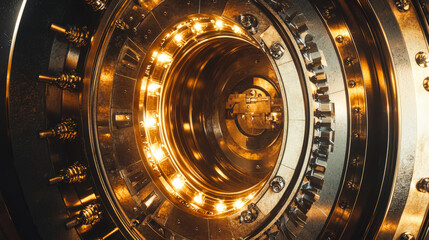 Obraz premium The door to the bunker. The round gold vault door in the bank. The concept of a metal door in a shelter from a nuclear explosion. The space reactor. Science