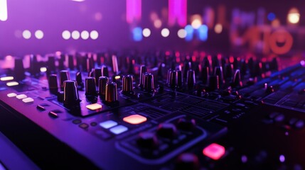 Fototapeta premium Vibrant Nightlife: DJ Mixer Console Under Colorful Stage Lights