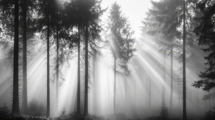 Mystical Forest Sunlight: The ethereal beauty of a forest is captured in a monochromatic photograph. Beams of sunlight piercing through the mist create a captivating and otherworldly scene. 