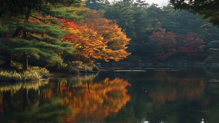Stunning Autumn Reflection on Calm Water Surface at Park : Generative AI