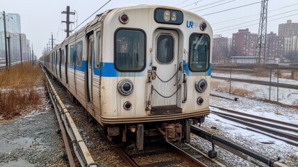 A commuter train on a snowy urban railway. The train is white with blue accents, partially covered in snow and dirt. The background shows a city