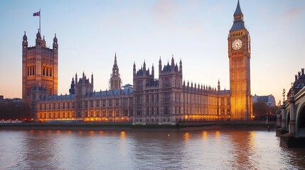 Naklejka premium Historic Houses of Parliament and Big Ben Reflecting on Thames River in Warm Evening Light : Generative AI