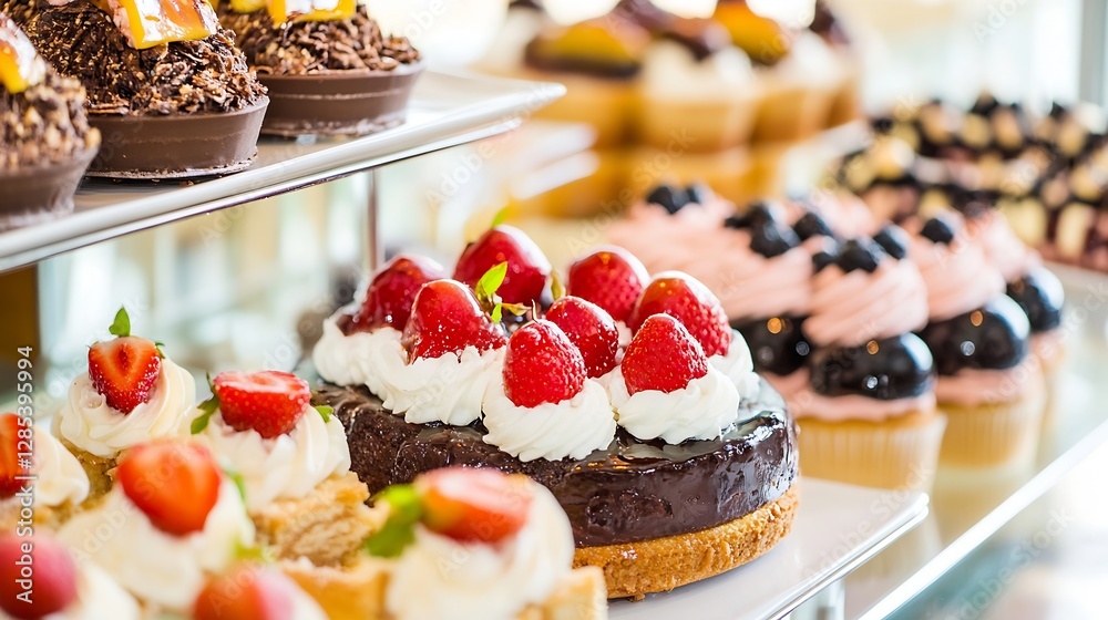 Poster delectable assortment of tempting pastries and cakes displayed in a bright bakery showcase : generat