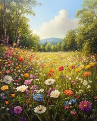 Obraz premium Vibrant Wildflower Meadow Illuminated by Soft Sunlight During Early Morning Hours in a Serene Outdoor Setting