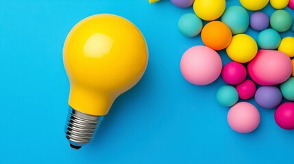 Yellow lightbulb and colorful spheres on a blue background. Creative concept image for innovation, ideas, or brainstorming. Bright, cheerful, and