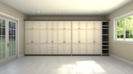 Modern Minimalist Interior Features Built-In Cabinets and a Wooden Shelf in a Spacious, Well-Lit Room Designed for Organization and Functionality in a Home Setting