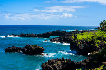 Dramatic Volcanic Coastline with Turquoise Waters at Black Sand Beach, Maui, Hawaii