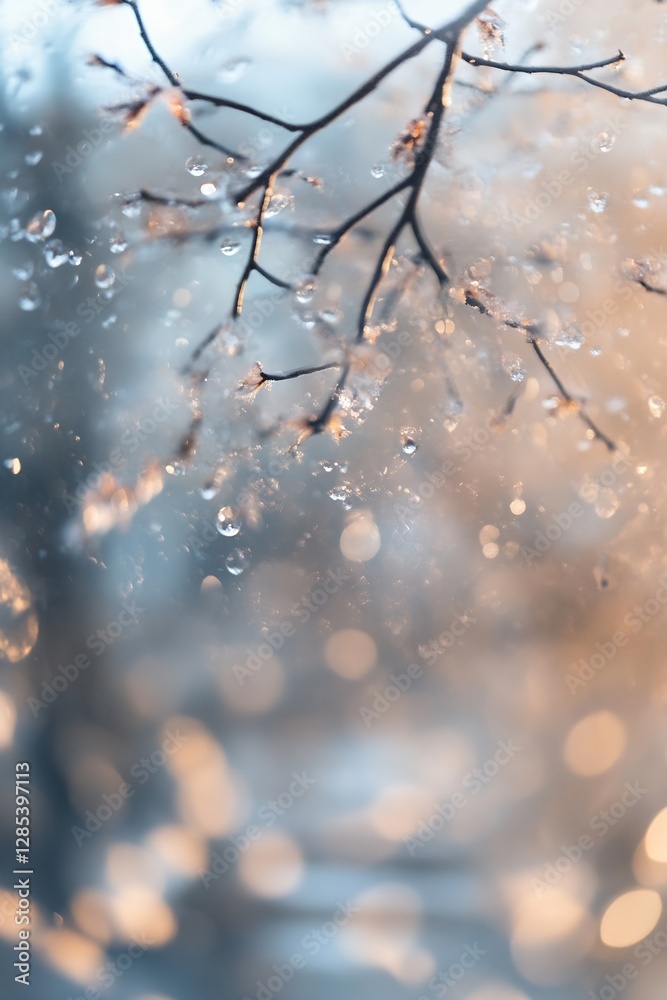 Poster beautiful nature scene of branches with raindrops and blurred background capturing the essence of a 