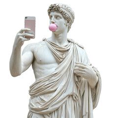 Isolated Marble Statue Taking Selfie with Pink Bubble
