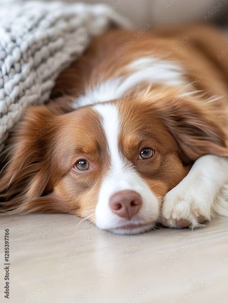 Aufkleber Close-Up Portrait of a Relaxed Dog Lying on a Soft Surface with Intense Focus : Generative AI