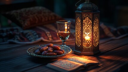 A peaceful Ramadan night scene with a plate of dates, water, and a Quran, glowing softly under the light of a lantern 