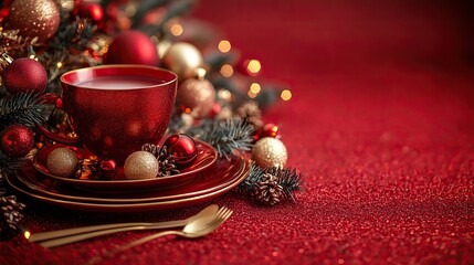 A sophisticated New Year's family dinner table arrangement features gold cutlery, a cup, baubles, a candle, and holiday embellishments on a red background with open space for promotional messages.