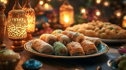 A plate of Ramadan sweets like qatayef and baklava, illuminated by the warm glow of lanterns during Iftar 