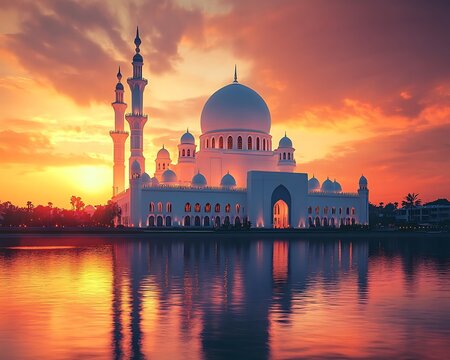 Majestic white mosque is reflected on the still waters at sunset