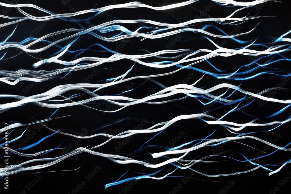 Poster dynamic lines in blue and white evoke movement against a dark background, white and blue lines movin