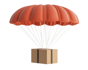 Isolated Orange Parachute with White Straps Delivering Brown Cardboard Box
