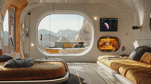 Martian Habitation: Futuristic interior of a Martian habitat, featuring panoramic views, minimalist design, and a glimpse of the red planet's landscape, providing a vision of space colonization.