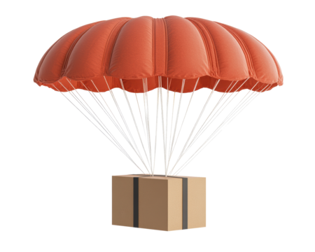 Isolated Orange Parachute with White Straps Delivering Brown Cardboard Box
