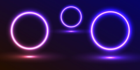 Neon frames with smoke and sparkles, gradient LED borders with fog and glowing particles.  Purple neon glowing circle on dark background, featuring a circle, rectangle, and vertical rectangle.