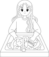 kid washing dish outline coloring